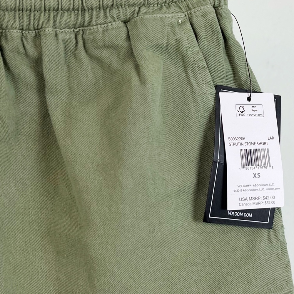 NWT Volcom Strutin Stone Drawstring Pull On Shorts in Army Green Cargo - Picture 6 of 8